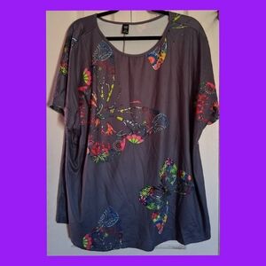 SHEIN Gray Butterfly Print Short Sleeve Top